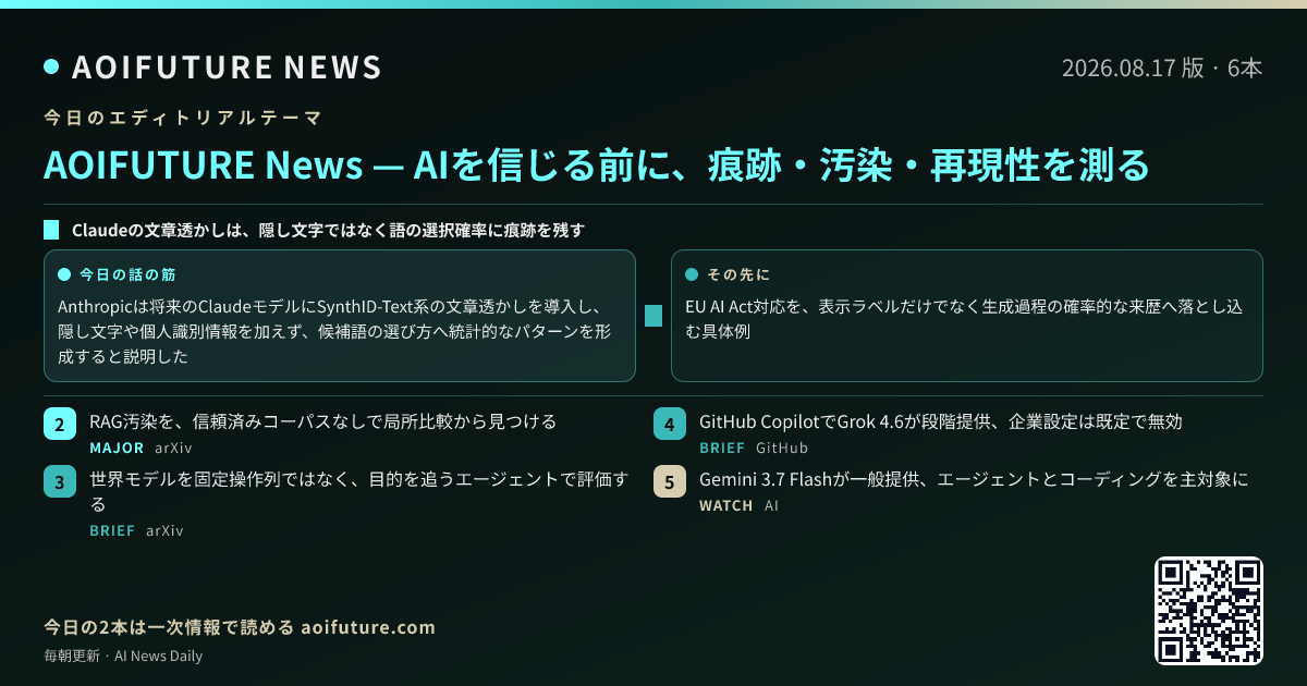 AIを信じる前に、痕跡・汚染・再現性を測る — 今日のニュースまとめ画像