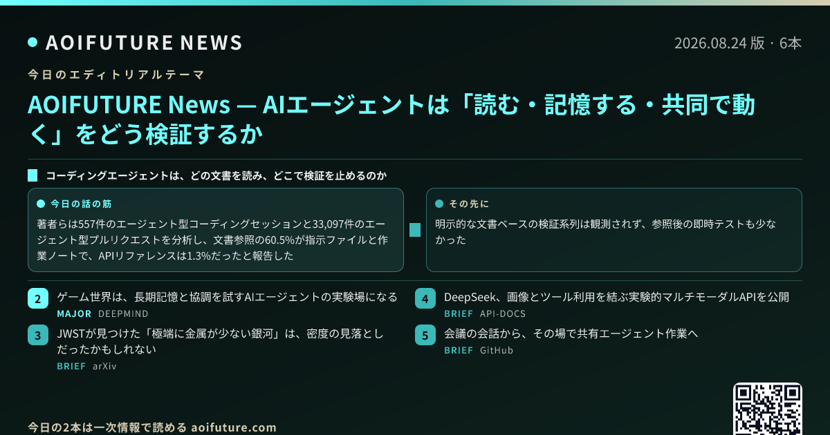 AIエージェントは「読む・記憶する・共同で動く」をどう検証するか — 今日のニュースまとめ画像