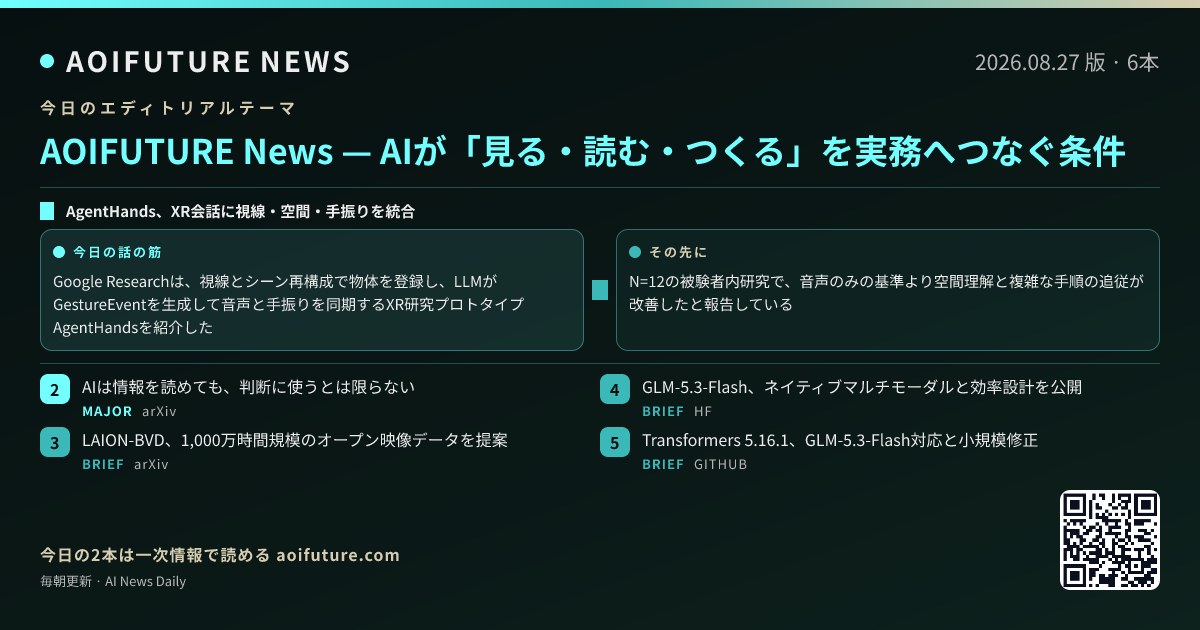 AIが「見る・読む・つくる」を実務へつなぐ条件 — 今日のニュースまとめ画像