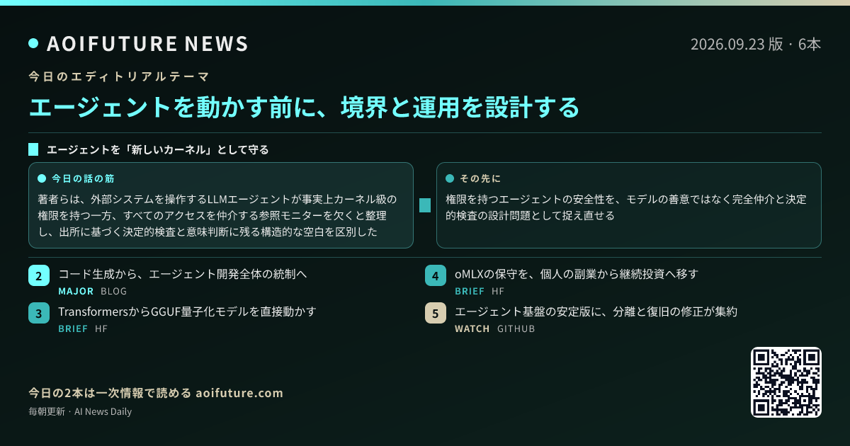 エージェントを動かす前に、境界と運用を設計する — 今日のニュースまとめ画像