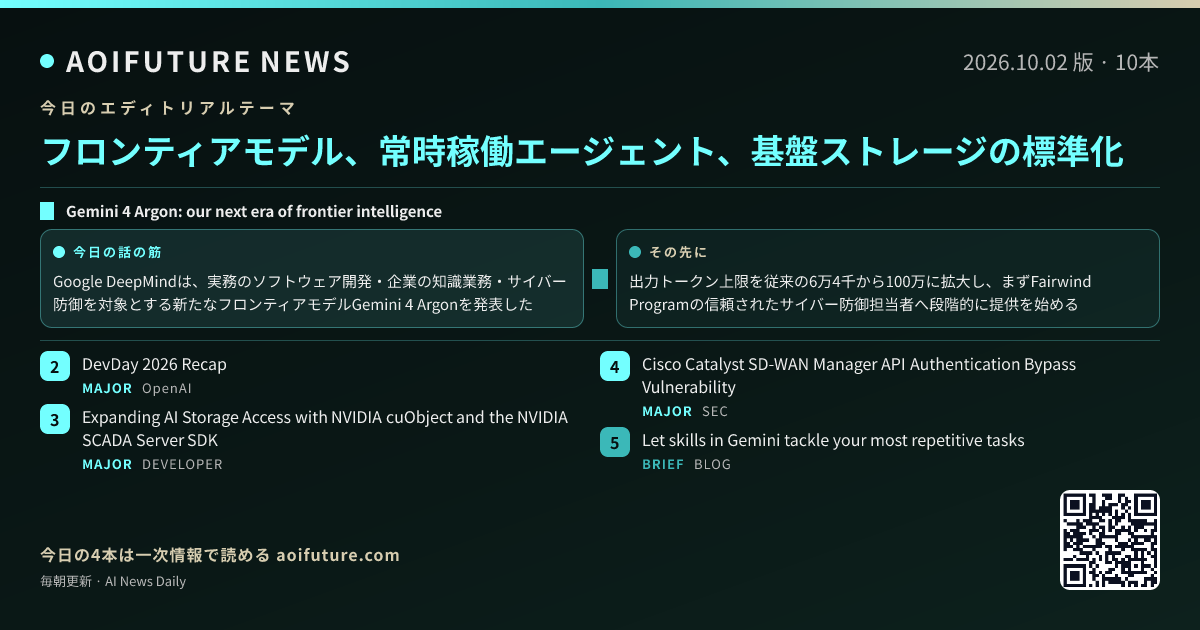 フロンティアモデル、常時稼働エージェント、基盤ストレージの標準化 — 今日のニュースまとめ画像