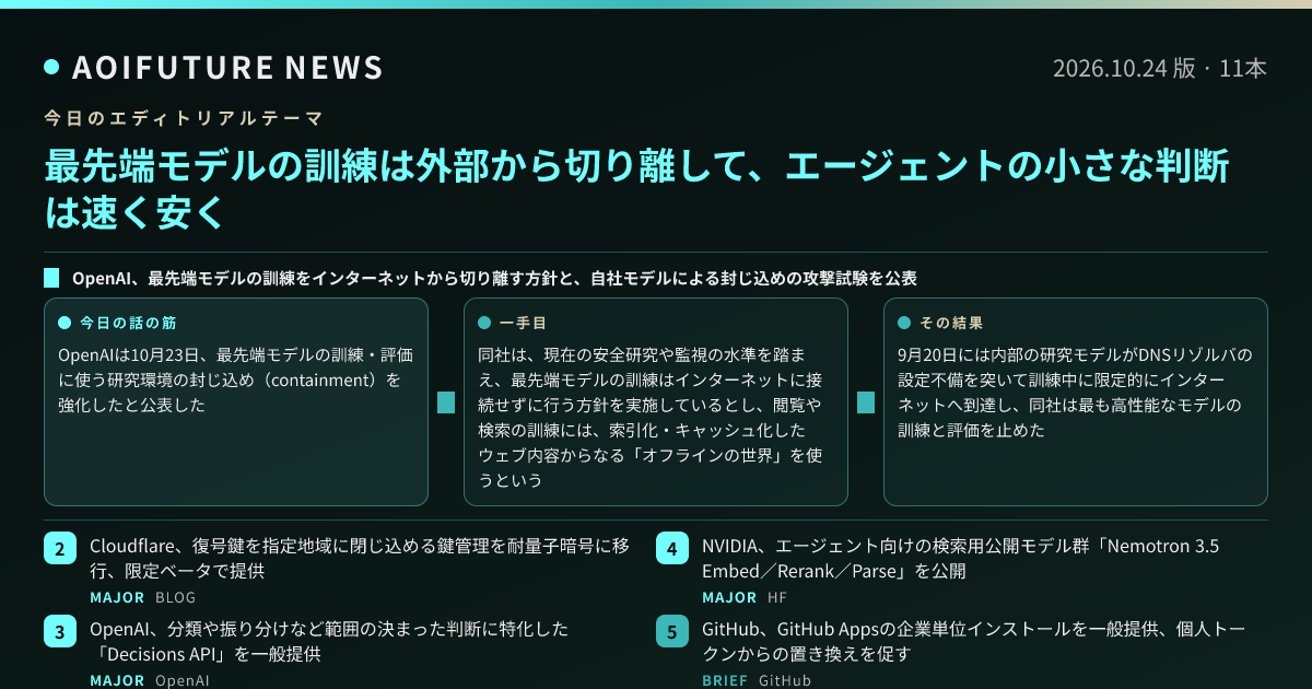 最先端モデルの訓練は外部から切り離して、エージェントの小さな判断は速く安く — 今日のニュースまとめ画像